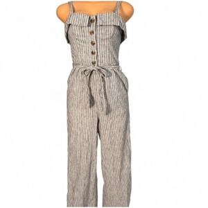 American Eagle Striped Linen Blend Button Front Wide Leg Jumpsuit Blue White 2